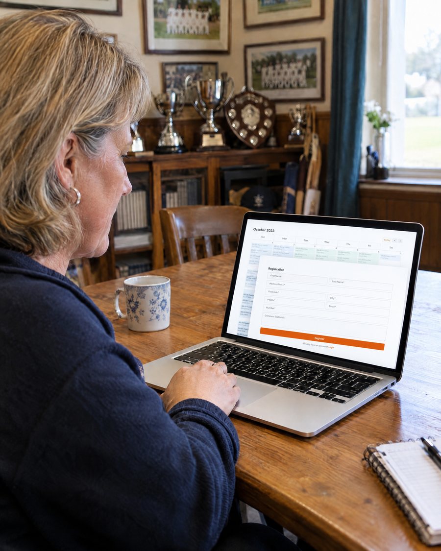 Club secretary in the cricket pavilion looking at the registration form widget on the club website